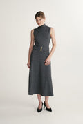 Maxi mock neck sleevless dress in herringbone