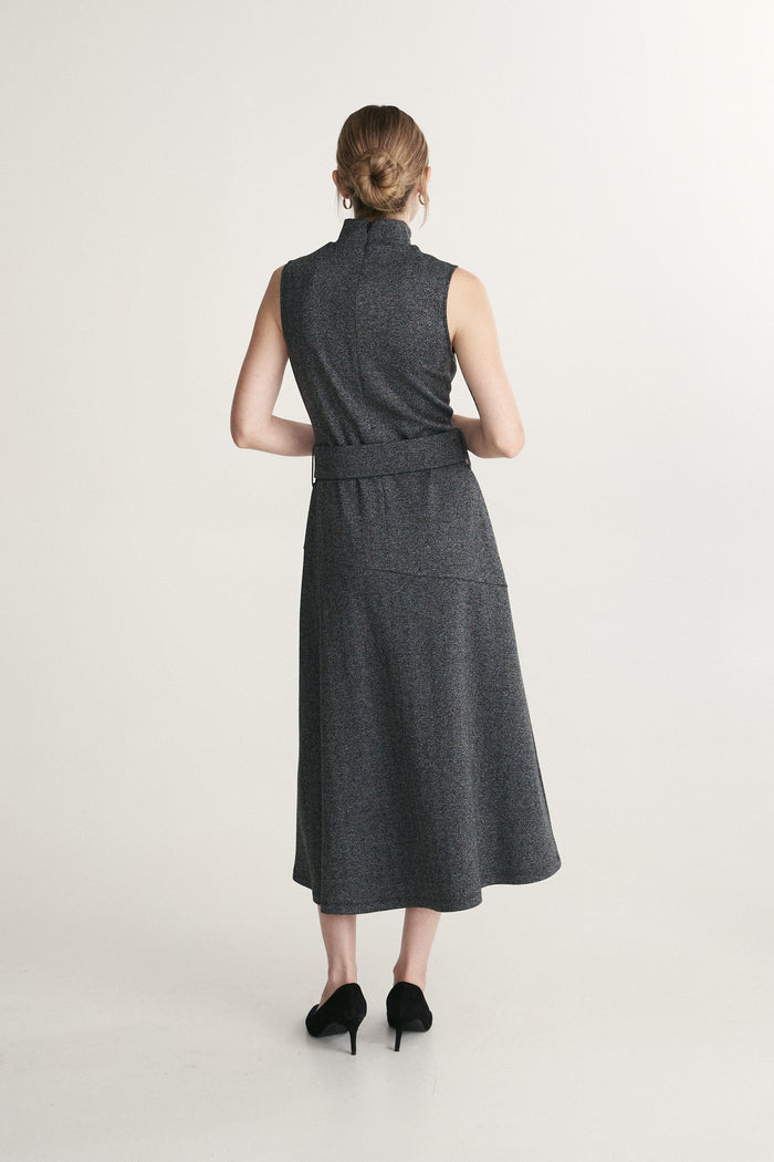 Maxi mock neck sleevless dress in herringbone