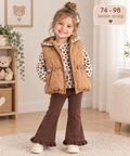Meisjes Kinderoutfit – Beige Bodywarmer met Leopard Top & Bruine Flared Broek