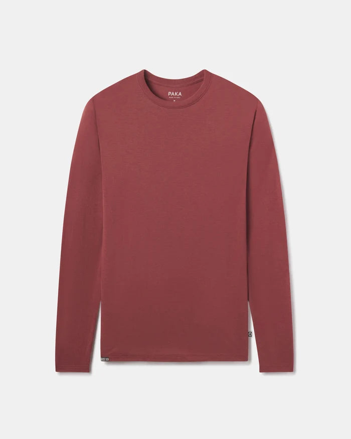 Flat lay of Men’s Aire Long Sleeve alpaca shirt in clay showcasing crew neck and long sleeves on white background