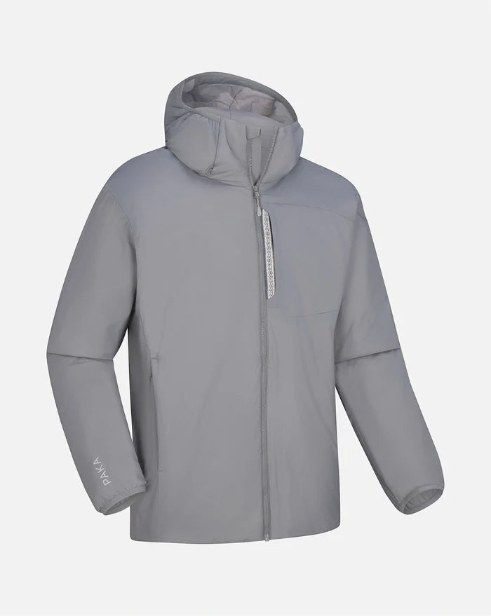 Front view of Men’s Apu puffer jacket in Storm with hood, chest zip pocket and full zipper on light background