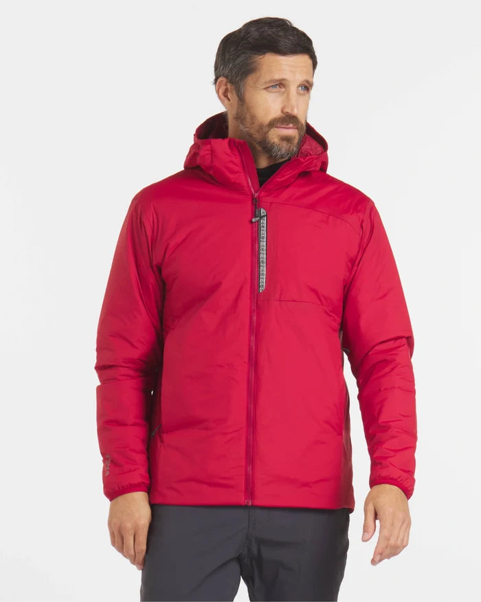 Front view of Men’s Apu lightweight puffer jacket in Maca Red on model, hooded with center zip and chest pocket