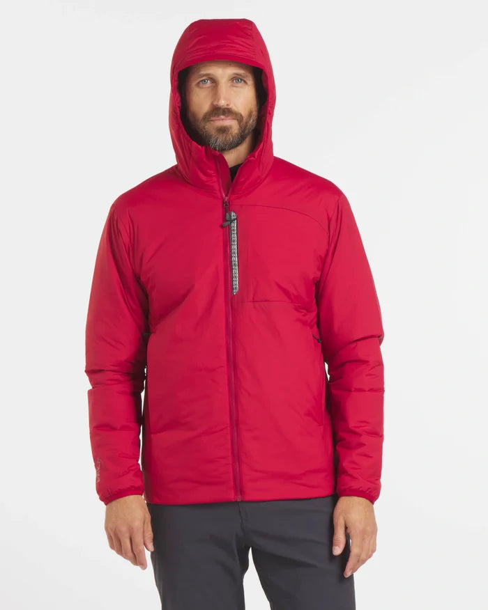 Front view of Men’s Apu Lightweight Puffer jacket in Maca Red with hood and chest zip pocket on model against white background