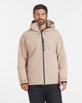 Front view of Men’s Apu Parka in desert tan, hooded jacket with black center zipper and adjustable cuffs on white background
