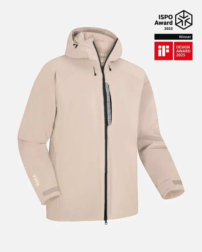 Front view of Men’s Apu Parka in Puma tan showing hood, vertical chest zipper, PAKA logo on sleeve on light gray background