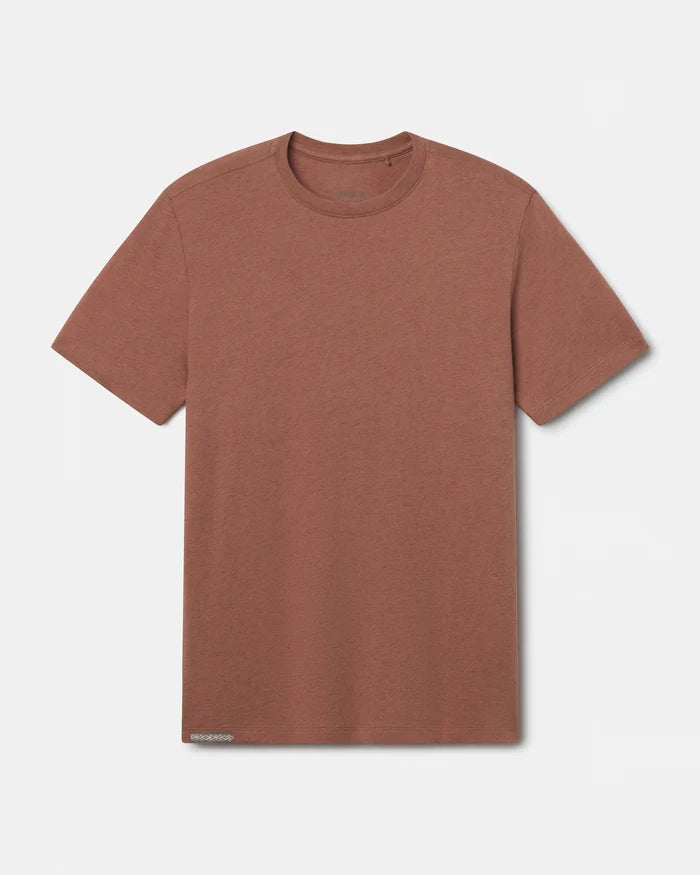 Front view of Men’s Essential Tee in cinnamon showcasing crew neck and short sleeves on light gray background