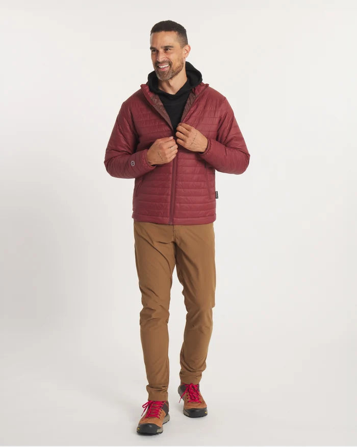 Front view of Men’s Mayu Ultralight Jacket in burgundy on model, regular fit with hood, quilted baffles on white background