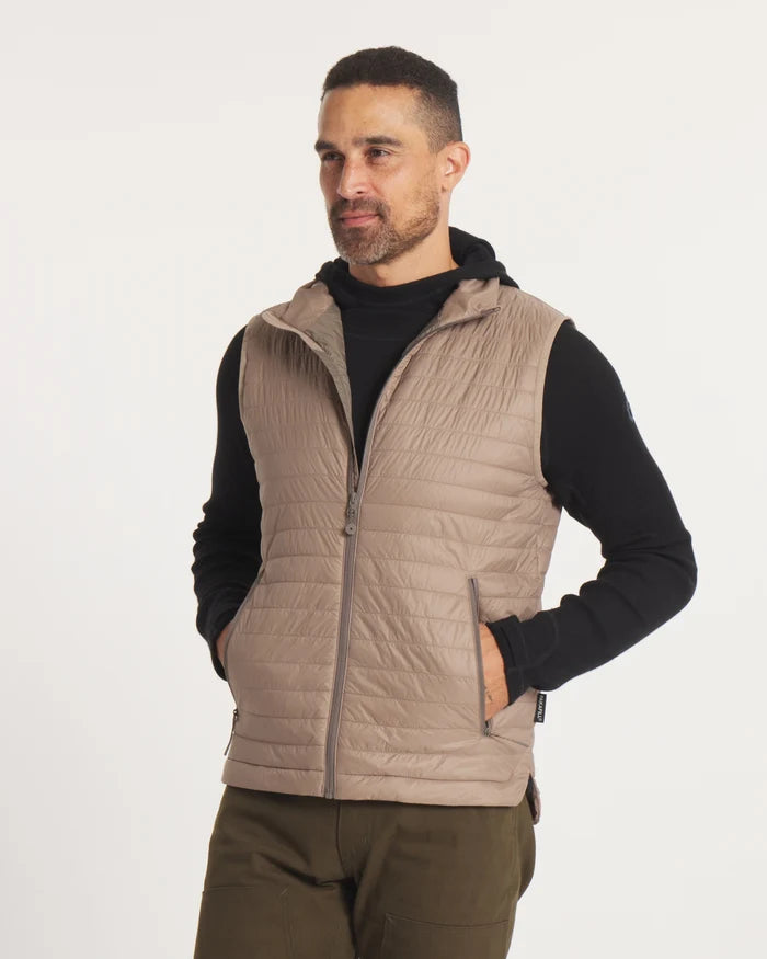 Model Wearing Timber / Tan Mayu Ultralight Puffer Vest with Alpaca Insulation – PAKA Apparel