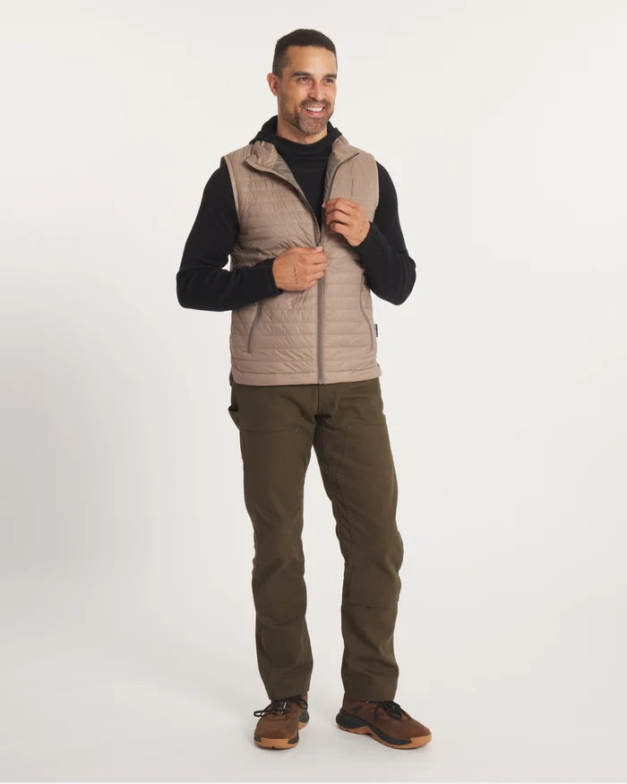 Front view of Men’s Mayu Ultralight Vest in Fossil showing packable quilted puffer with alpaca insulation and zip pockets on white background
