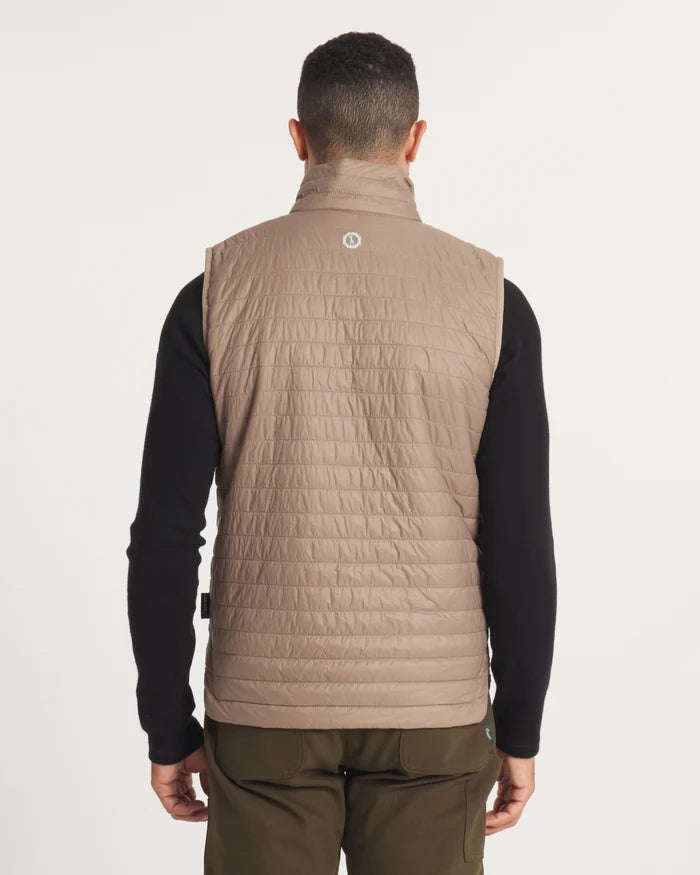 Back view of Men’s Mayu Ultralight Vest showcasing horizontal quilting and alpaca insulation with light background