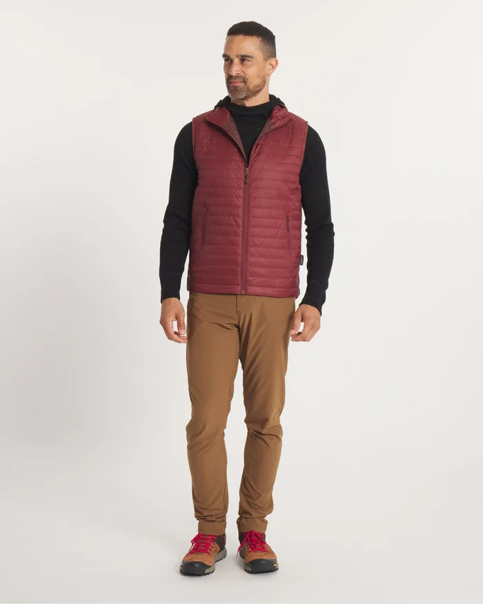 Front view of Men’s Mayu Ultralight Vest in burgundy, quilted packable puffer with zip pockets and alpaca insulation
