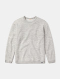 Front flat-lay of Men’s Mountain Crew in heather gray, showing raglan sleeves, crewneck, ribbed cuffs, and logo tab