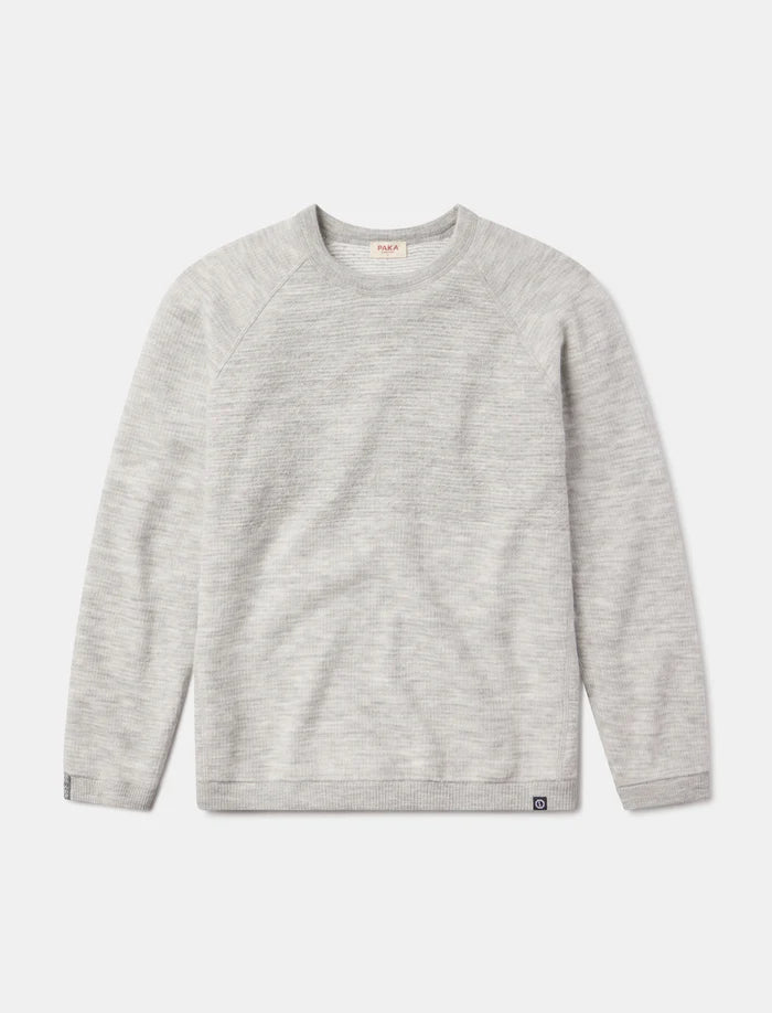 Front flat-lay of Men’s Mountain Crew in heather gray, showing raglan sleeves, crewneck, ribbed cuffs, and logo tab