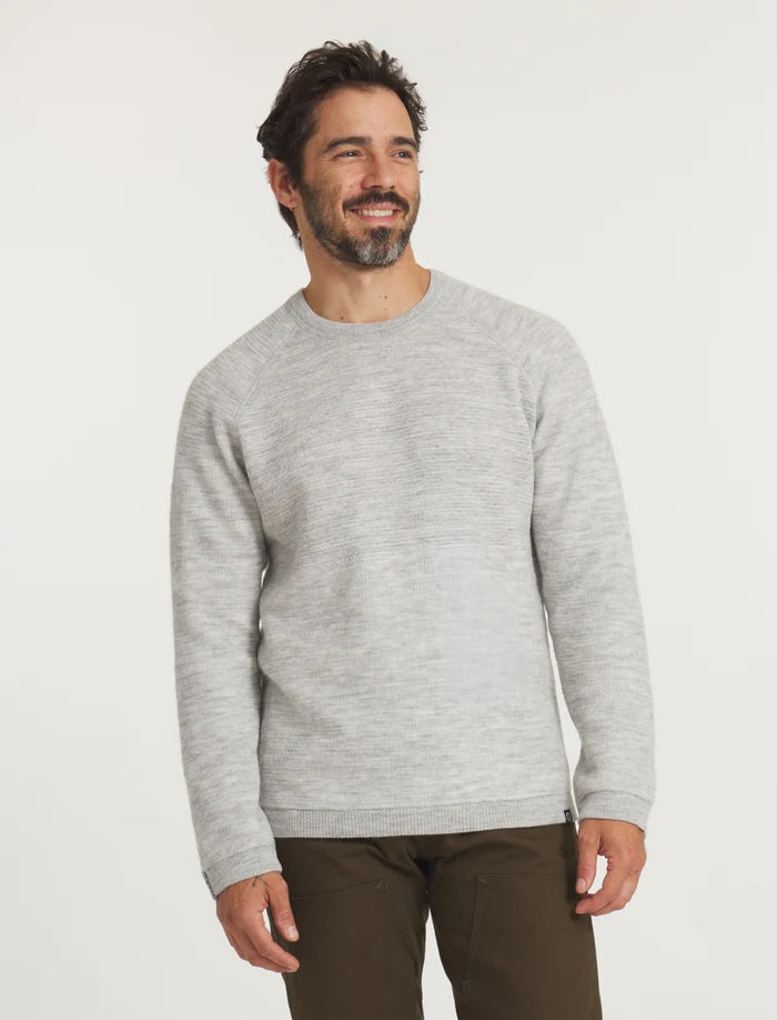 Model Wearing Men's Mountain Crew Alpaca Outdoor Sweater in Heather Light Grey – PAKA Apparel