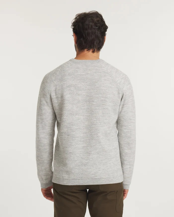 Back view of Men’s Mountain Crew sweater showcasing heather grey knit texture, raglan sleeves, and regular fit on a white background