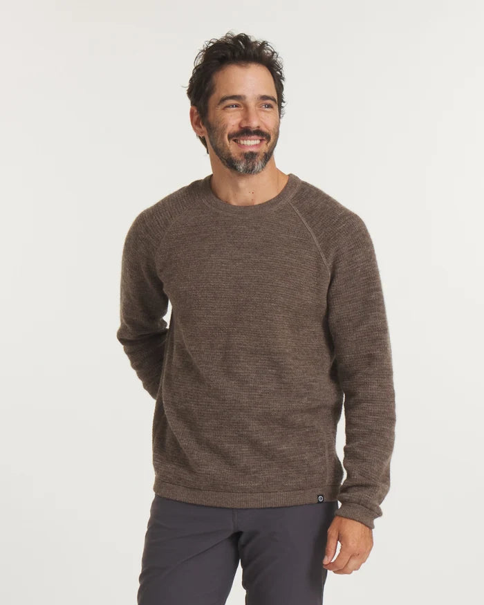 Model Wearing Men’s Mountain Crew Alpaca Natural Fiber Hiking Sweater in Wood / Brown – PAKA Apparel