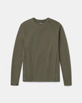 Flat front view of Men’s Sol Crew long sleeve UPF shirt in Andean Moss showing crew neck and raglan sleeves on light gray