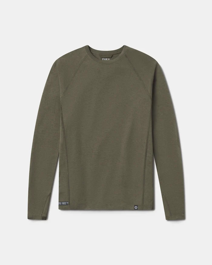 Flat front view of Men’s Sol Crew long sleeve UPF shirt in Andean Moss showing crew neck and raglan sleeves on light gray
