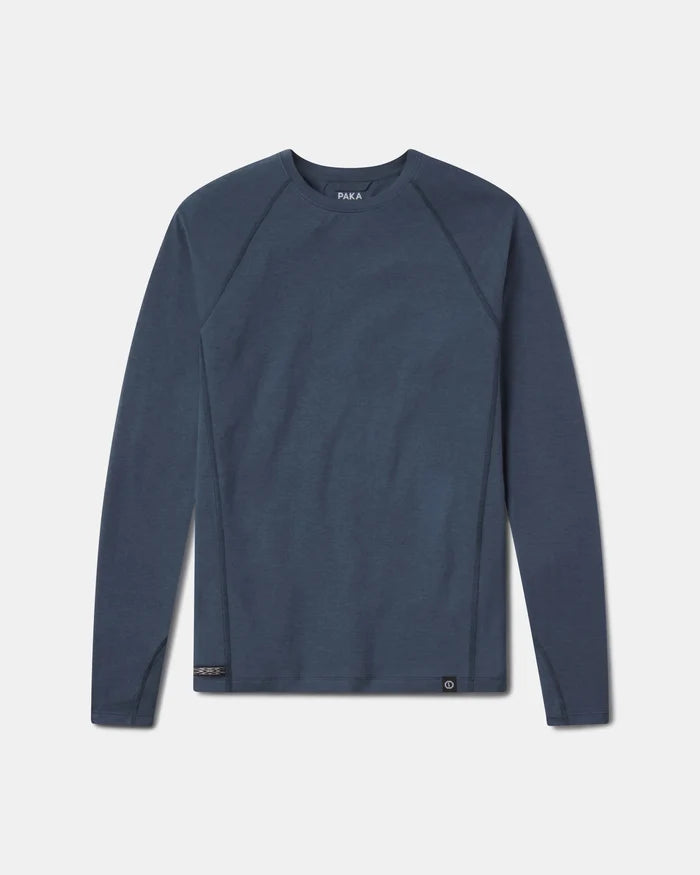 Front flat lay of Men’s Sol Crew long-sleeve UPF sun shirt in navy showing raglan sleeves and hem tag on white background