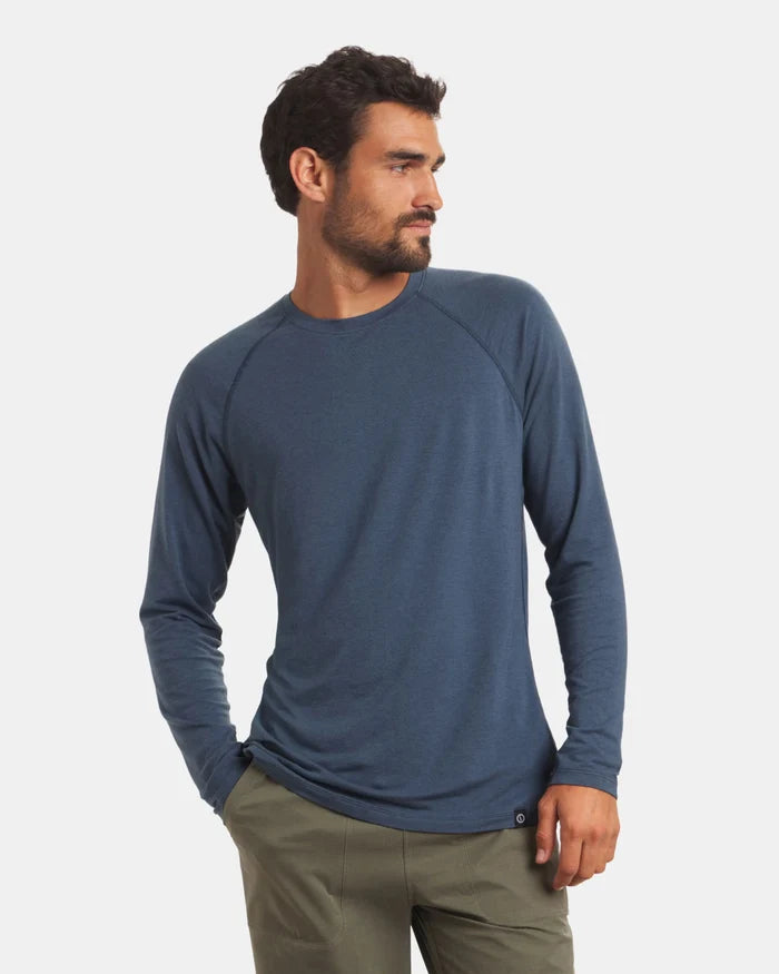 Three-quarter front view of Men’s Sol Crew long-sleeve UPF sun shirt in navy on model, slim fit, light gray background