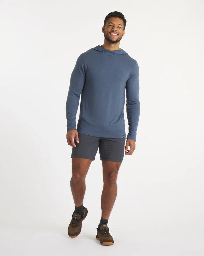 Full Height Shot of Model Smiling in Sol Men's Navy UPF Sun Protection Hoodie – PAKA Apparel