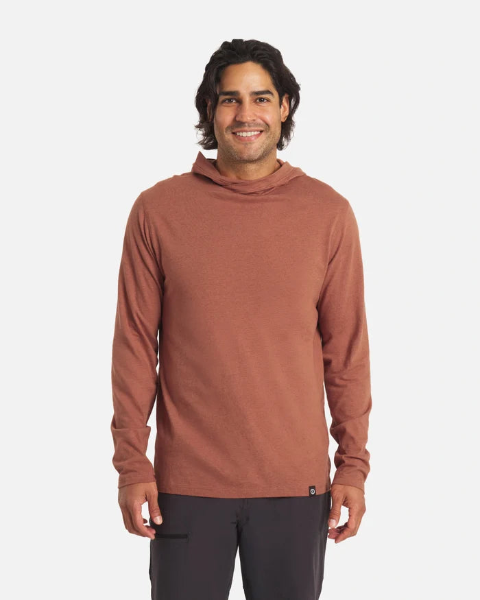 Front view of Men’s Sol Hoodie in cinnamon showcasing lightweight alpaca and scooped hood on model against white background