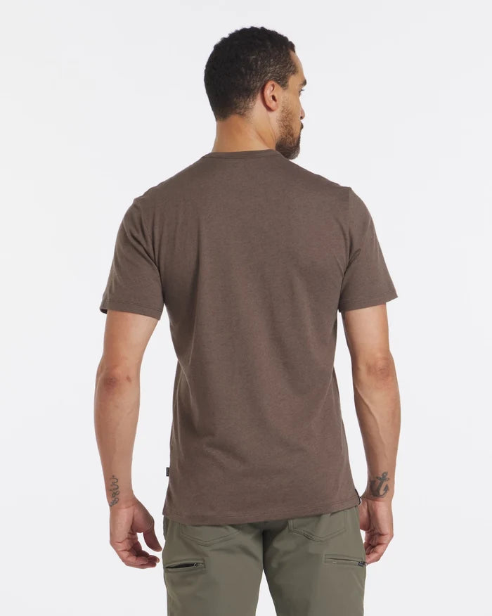 Back view of Men’s Tee in Wood on male model showing short sleeves and regular fit against a white background