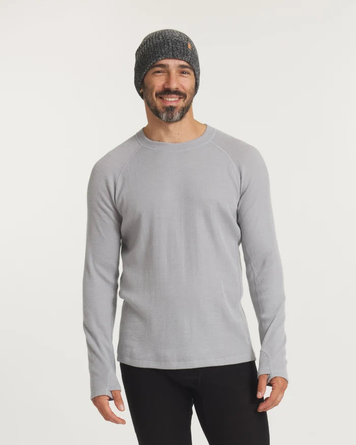 Front view of Men’s Thermal Crew with raglan seams and thumbhole cuffs, lightweight alpaca baselayer in silver on white