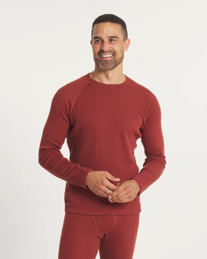 Front view of Men’s Thermal Crew alpaca baselayer in clay showing slim fit, raglan sleeves, and crew neckline on white background