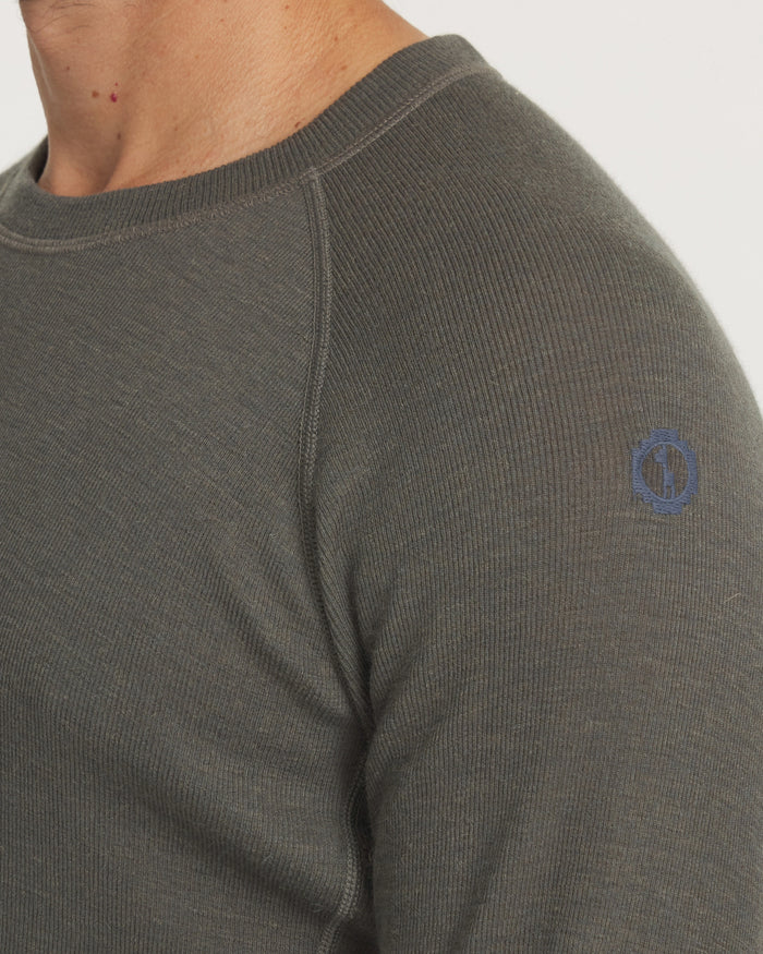 Neckline and Shoulder with Logo on Andean Moss / Dark Green Alpaca Wool Thermal Baselayer Shirt – PAKA Apparel
