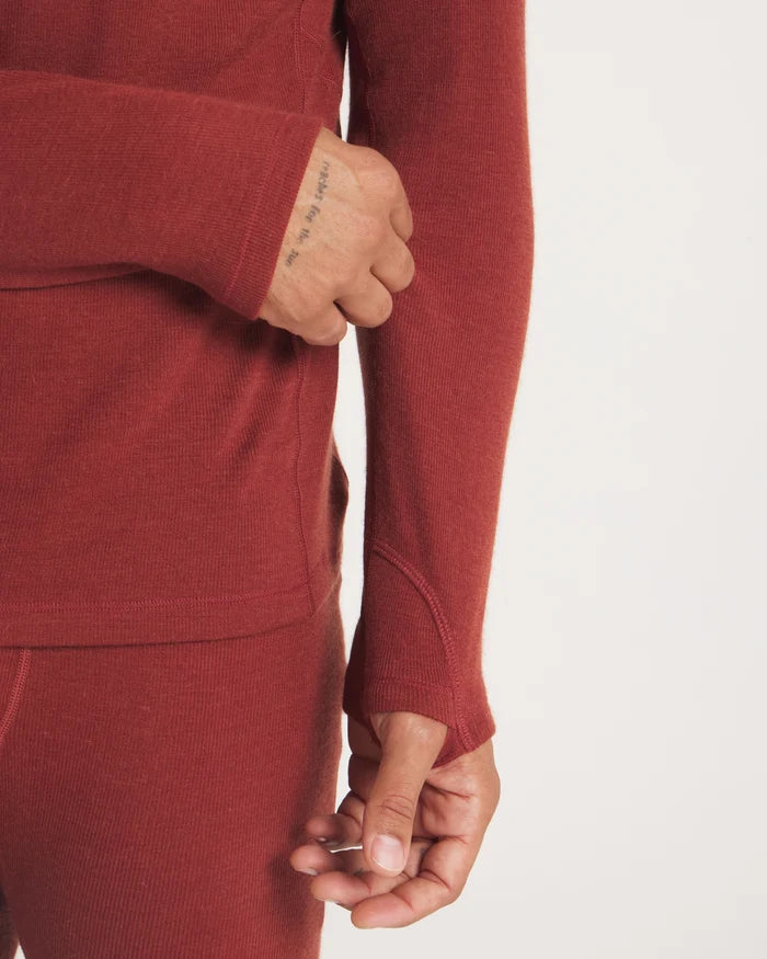 Close-Up of Left Arm and Thumbholes on Men's Natural Fiber Thermal Baselayer Shirt in Clay / Red – PAKA Apparel