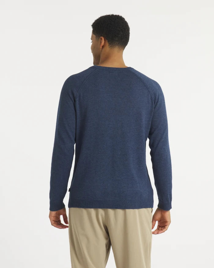 Rear view of Men’s Ultralight 1.0 Crew alpaca crewneck showcasing raglan sleeves and lightweight navy knit on white background