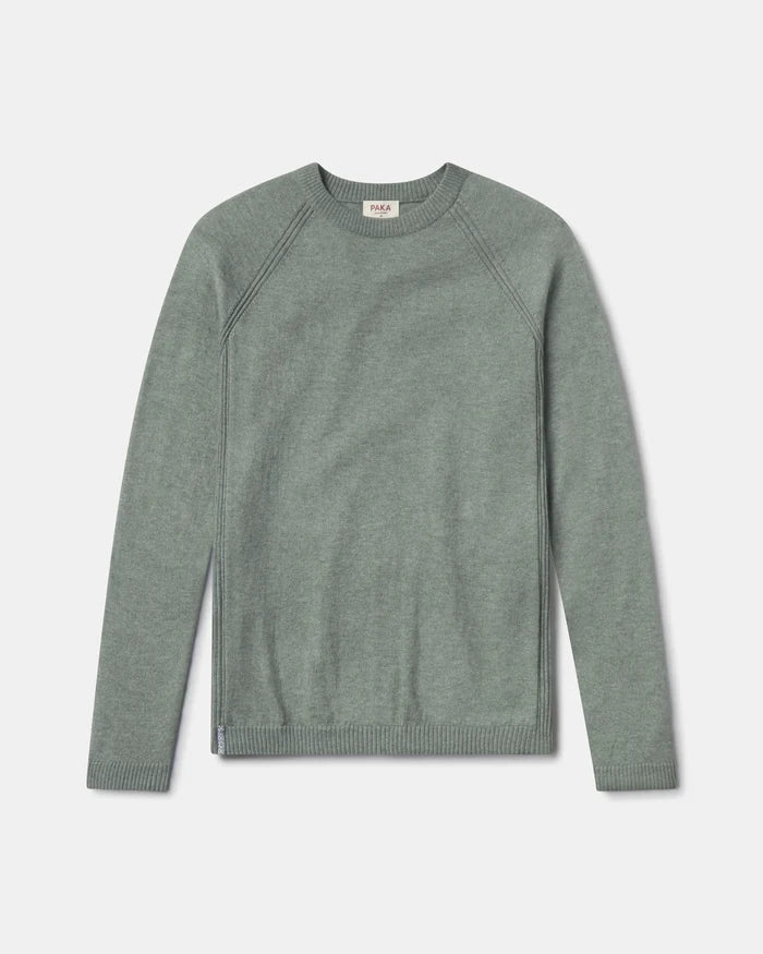 Front flat lay of Men’s Ultralight Crew sweater in lichen green showcasing raglan seams and ribbed cuffs and hem on light gray background