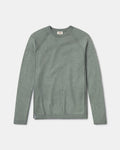 Front flat lay of Men’s Ultralight Crew sweater in lichen green showcasing raglan seams and ribbed cuffs and hem on light gray background