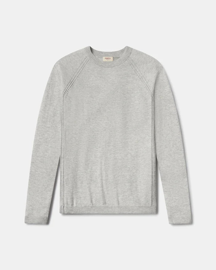 Front flat lay of Men’s Ultralight Crew in ice heather grey showing raglan seams and ribbed hem on light background