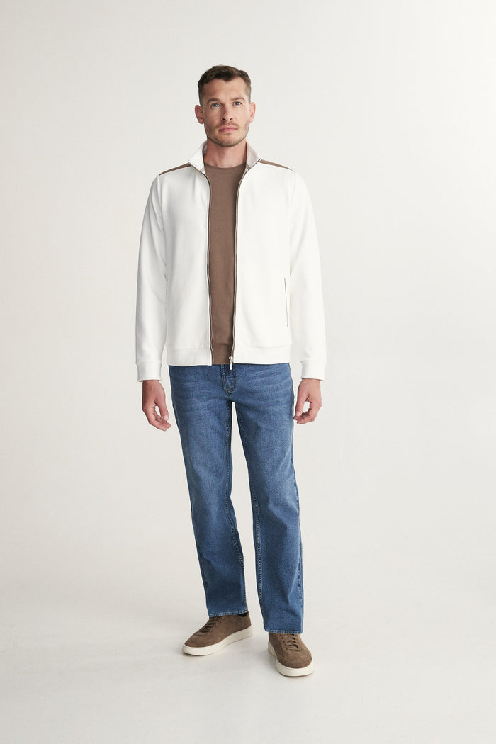 Mock neck zip cardigan with fake suede