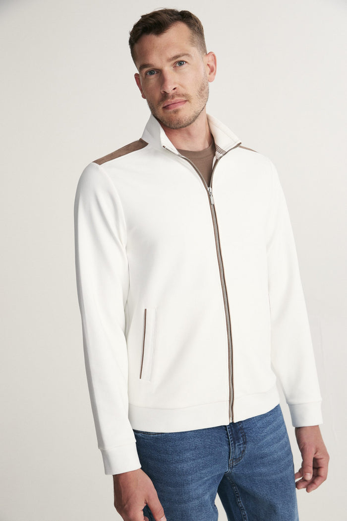 Mock neck zip cardigan with fake suede