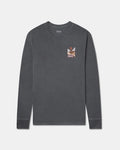 Front view of PAKA Sunset long sleeve T-shirt showcasing small left-chest sunset graphic and pigment-dyed charcoal background