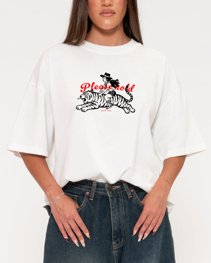 Please Hold Hell Cat White Boxy Crop Tee