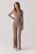 Full body view of woman wearing Chaser’s Porta Deep Taupe Long Sleeve top with matching Mantra Deep Taupe Leggings on a white background