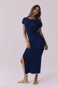 Angled front view of the Chaser Porter Midi Dress in Worn Blue showing the fitted silhouette and soft drape