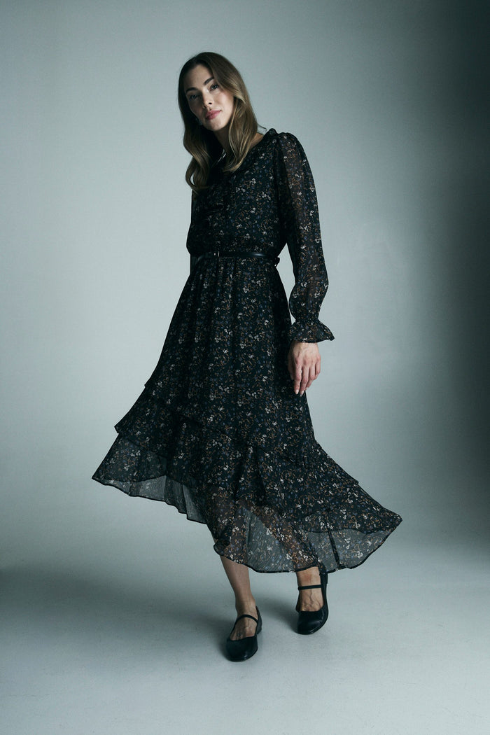 Printed asymmetrical Fluid dress with frill