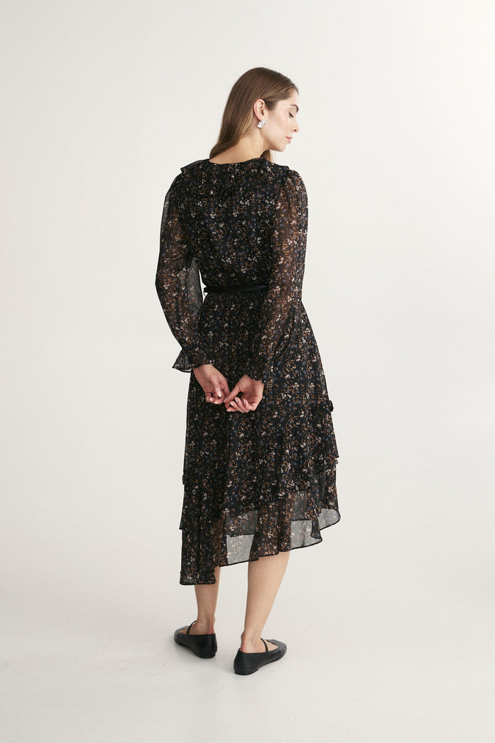 Printed asymmetrical Fluid dress with frill
