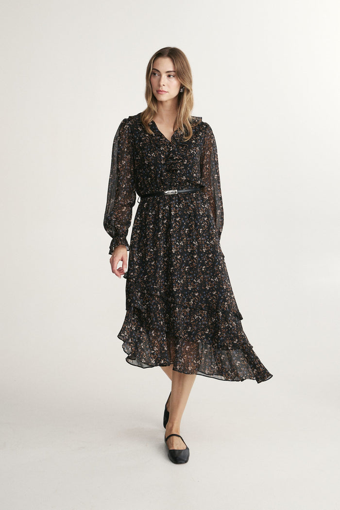 Printed asymmetrical Fluid dress with frill