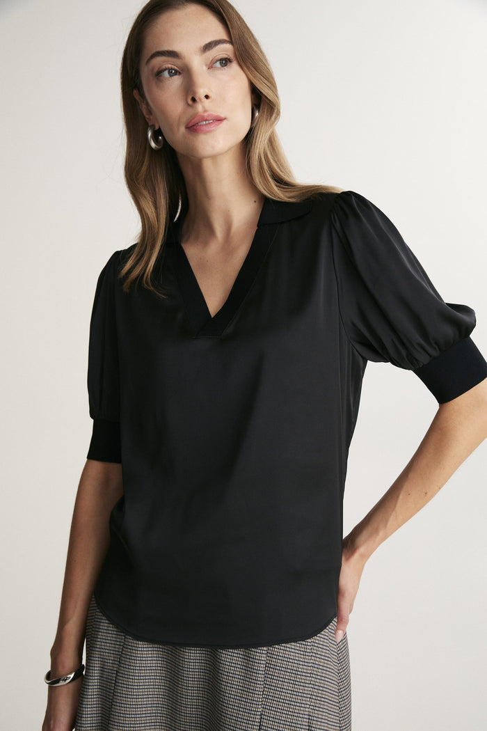 Ribbed V-neck puff sleeve short-sleeved shirt