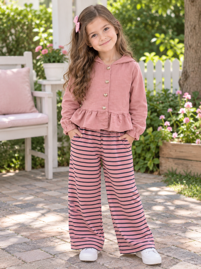 Roze Gestreepte Meisjesset met Peplum Vestje