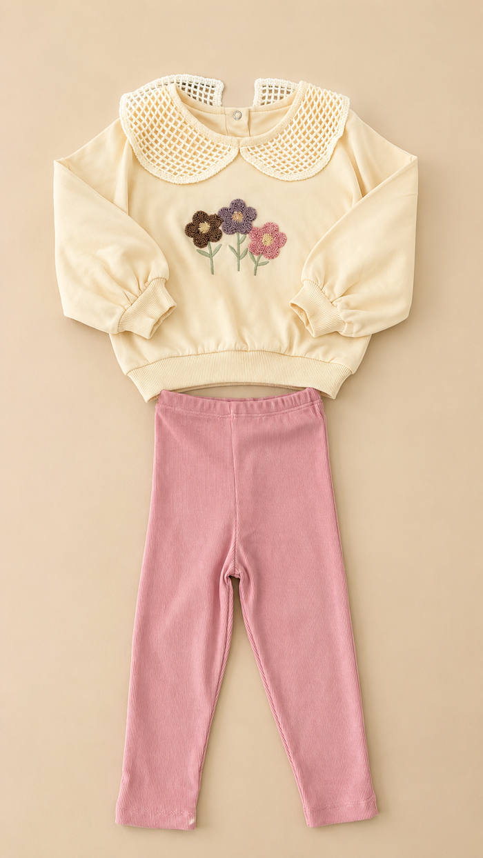 Schattige babyset met bloemetjes op de trui - 2-delig