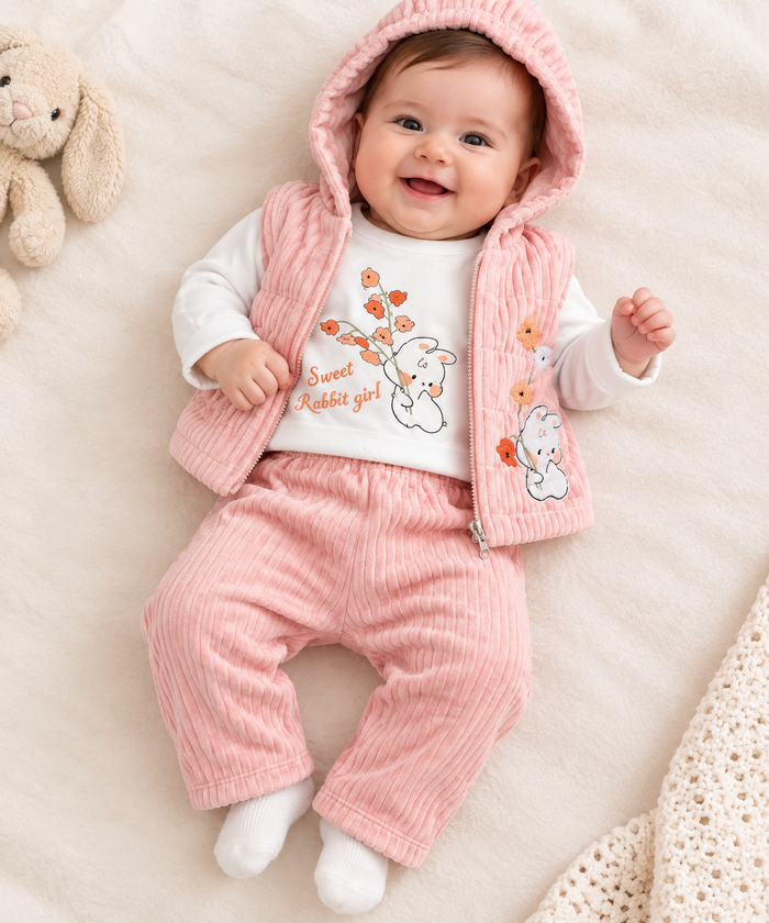 Schattige Sweet Rabbit Girl Babyset in Zacht Roze & Crème
