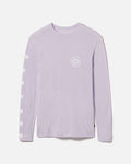 Front view of Sebastian long-sleeve shirt showcasing light lavender color, small chest logo and white heart prints down the sleeve on white background