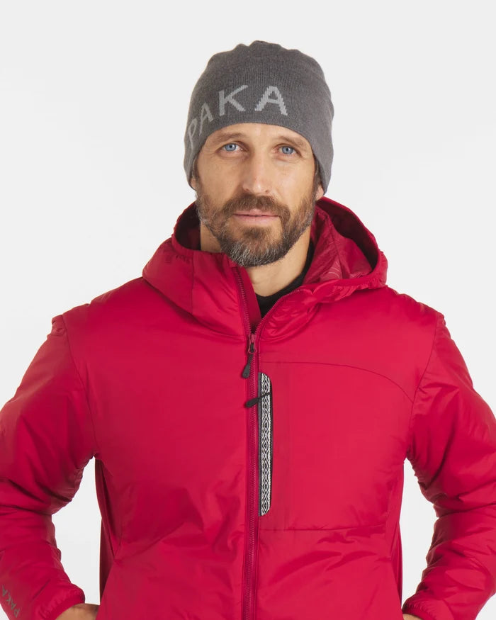 Man Wearing Light Grey Breathable Alpaca Skull Cap Beanie with Red Ski Jacket – PAKA Apparel